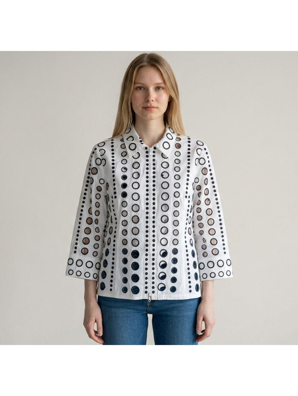Spanner Jacket Women 12 White Embroidered Full Zip Long Sleeve Collared Cotton